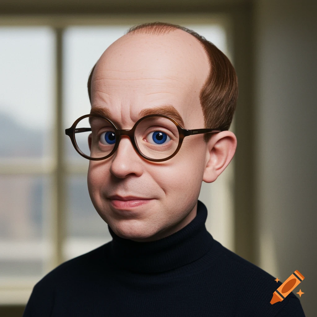 Realistic portrait of a balding man in a turtleneck and glasses.