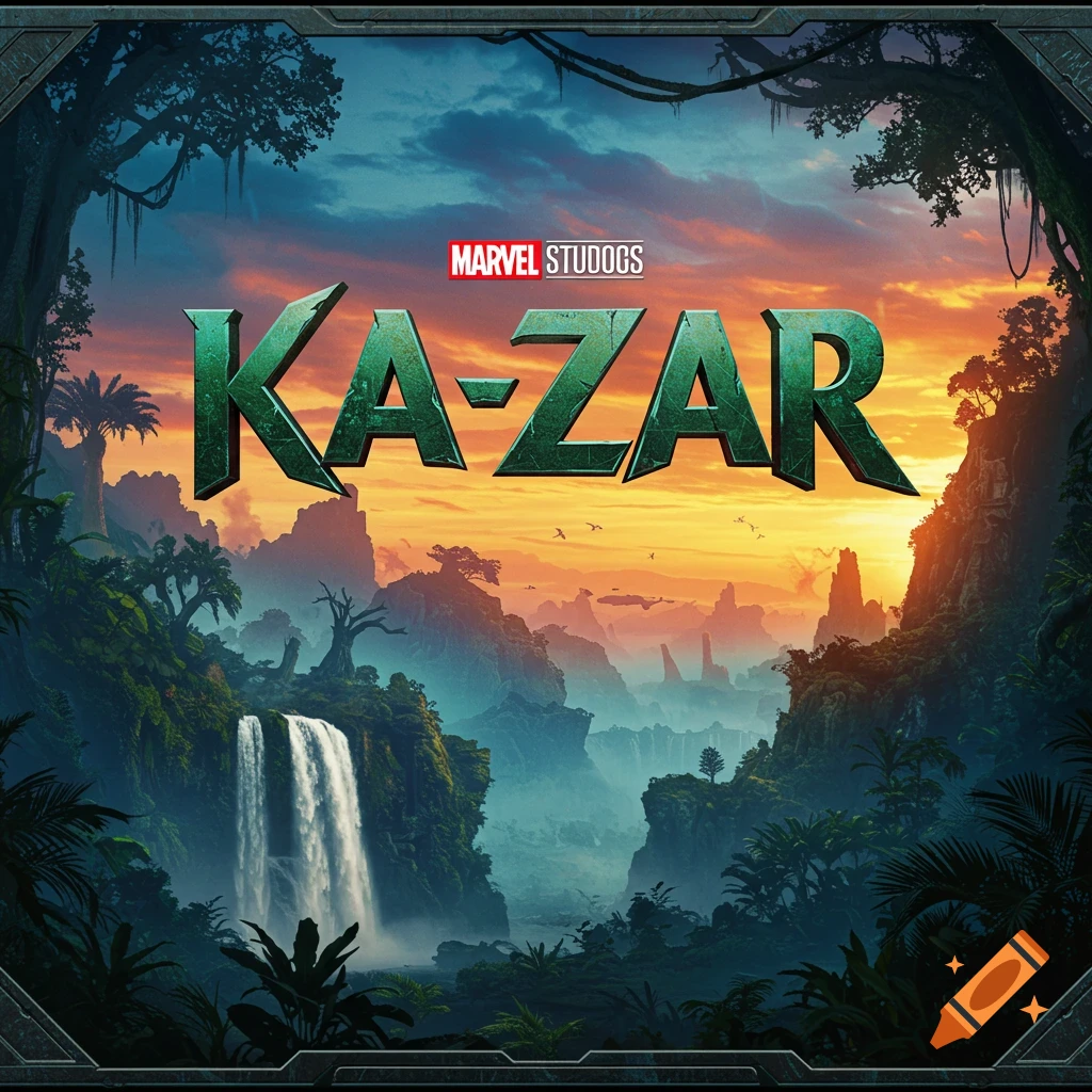 A title card for Ka-Zar featuring green text over a vibrant jungle landscape with a waterfall and sunset.