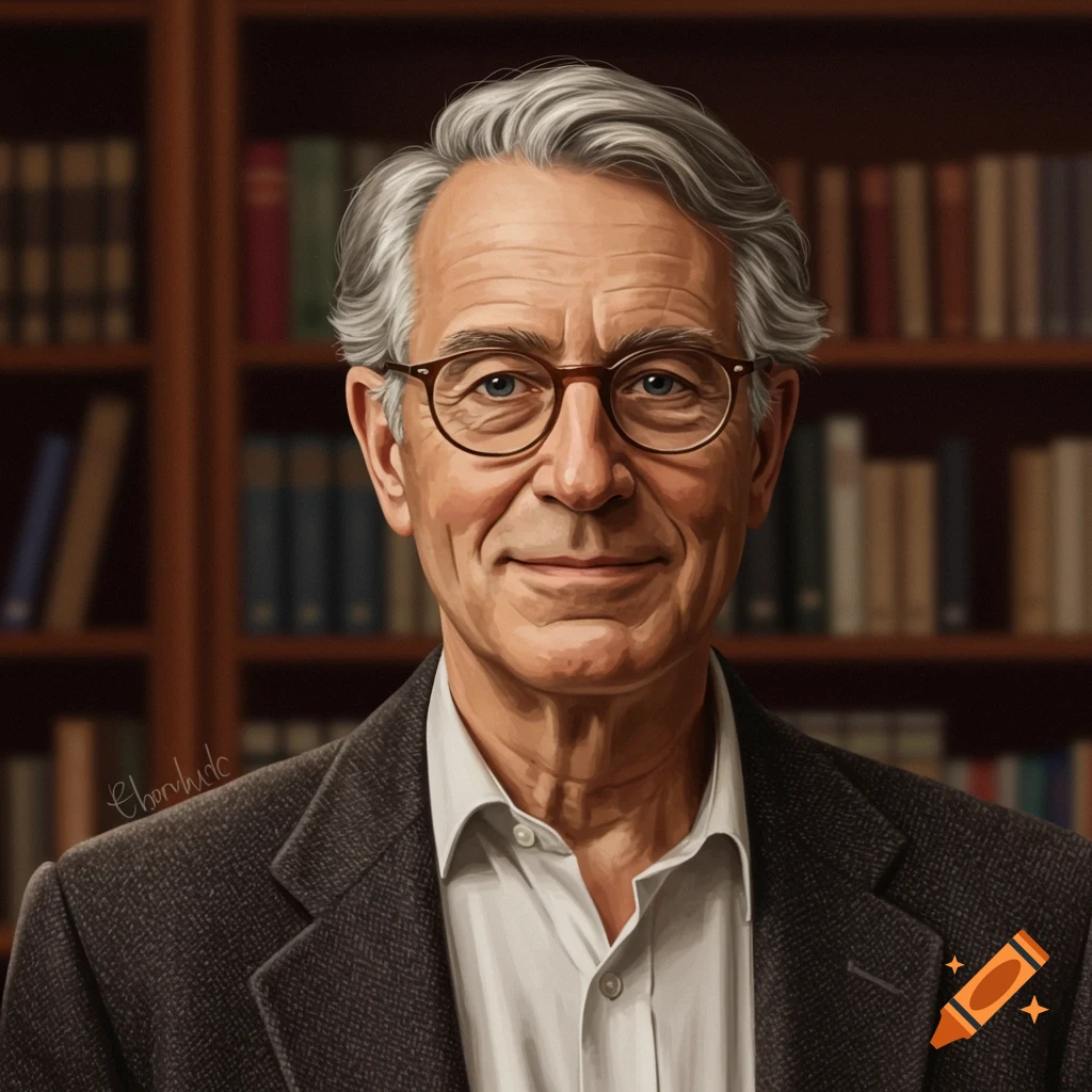 A portrait illustration of an older man with gray hair and glasses standing in front of a bookshelf.