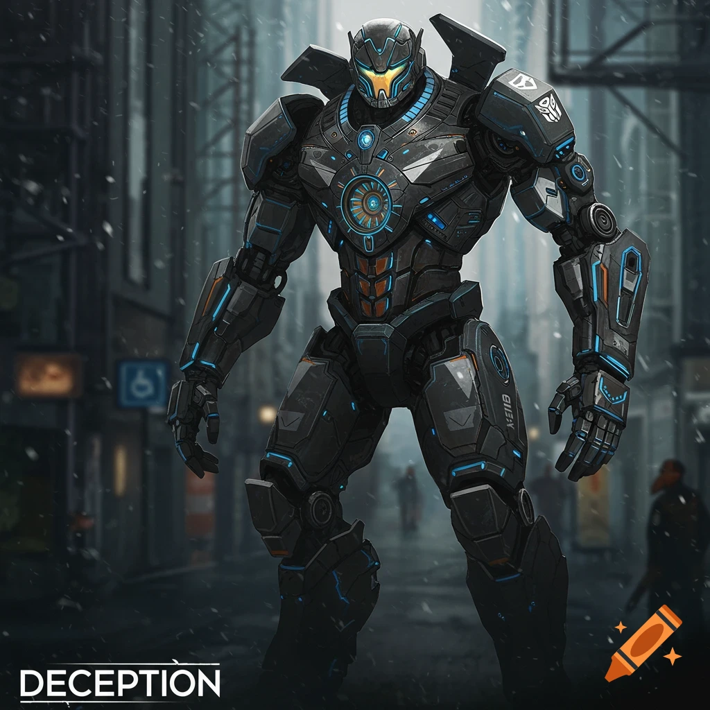 Large dark grey robot suit with blue lights standing in a snowy city street.