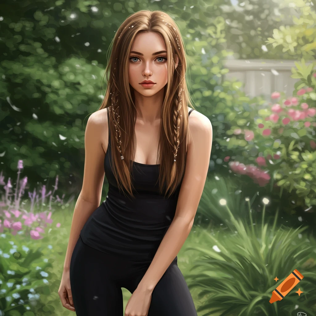 Digital portrait of a woman with brown hair and braids wearing a black tank top and leggings in a sunny garden.