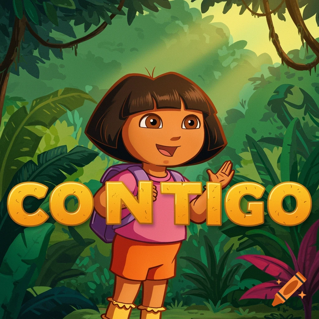 Cartoon of Dora the Explorer in a jungle with the word CONTIGO in large letters.