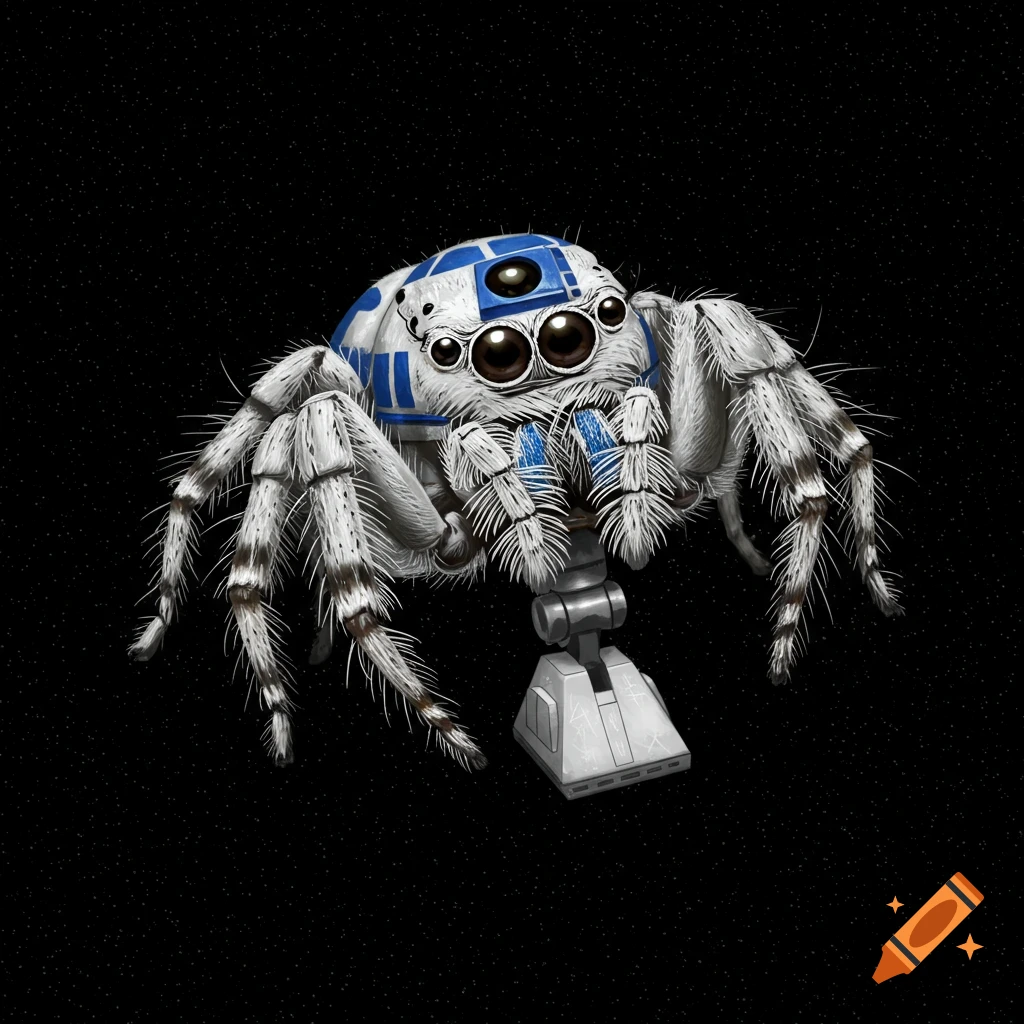 A jumping spider is painted with the blue and white pattern of R2D2 against a starry black background.