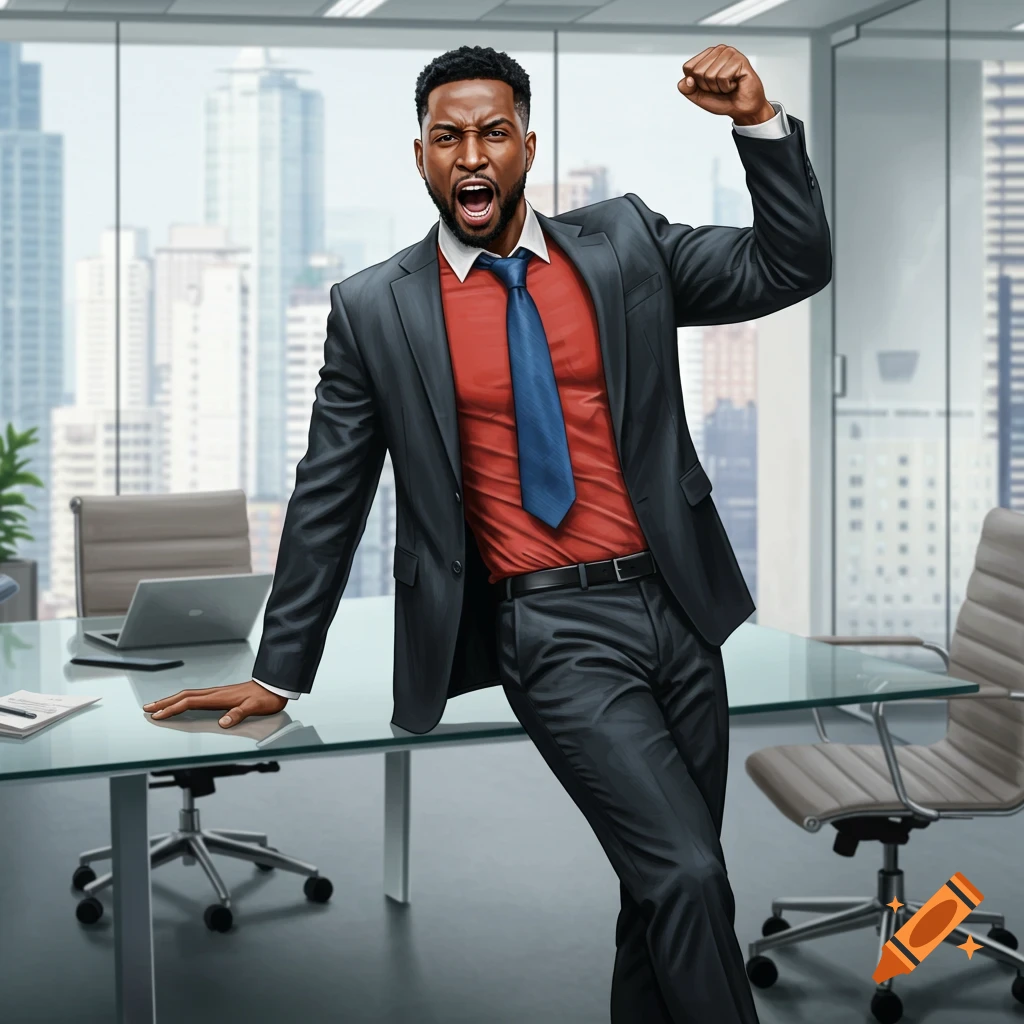 Man in a suit celebrates by a desk in an office.