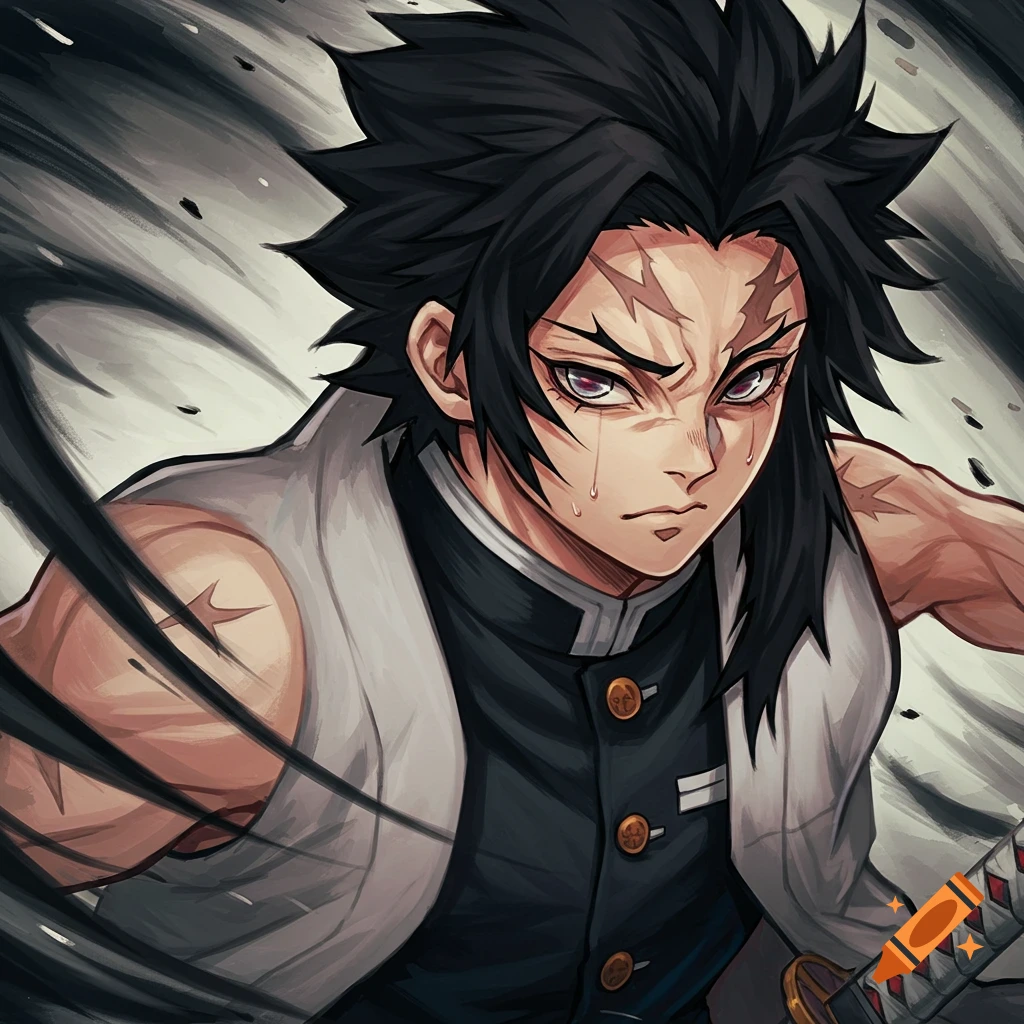Anime portrait of Sanemi Shinazugawa with intense expression and scars