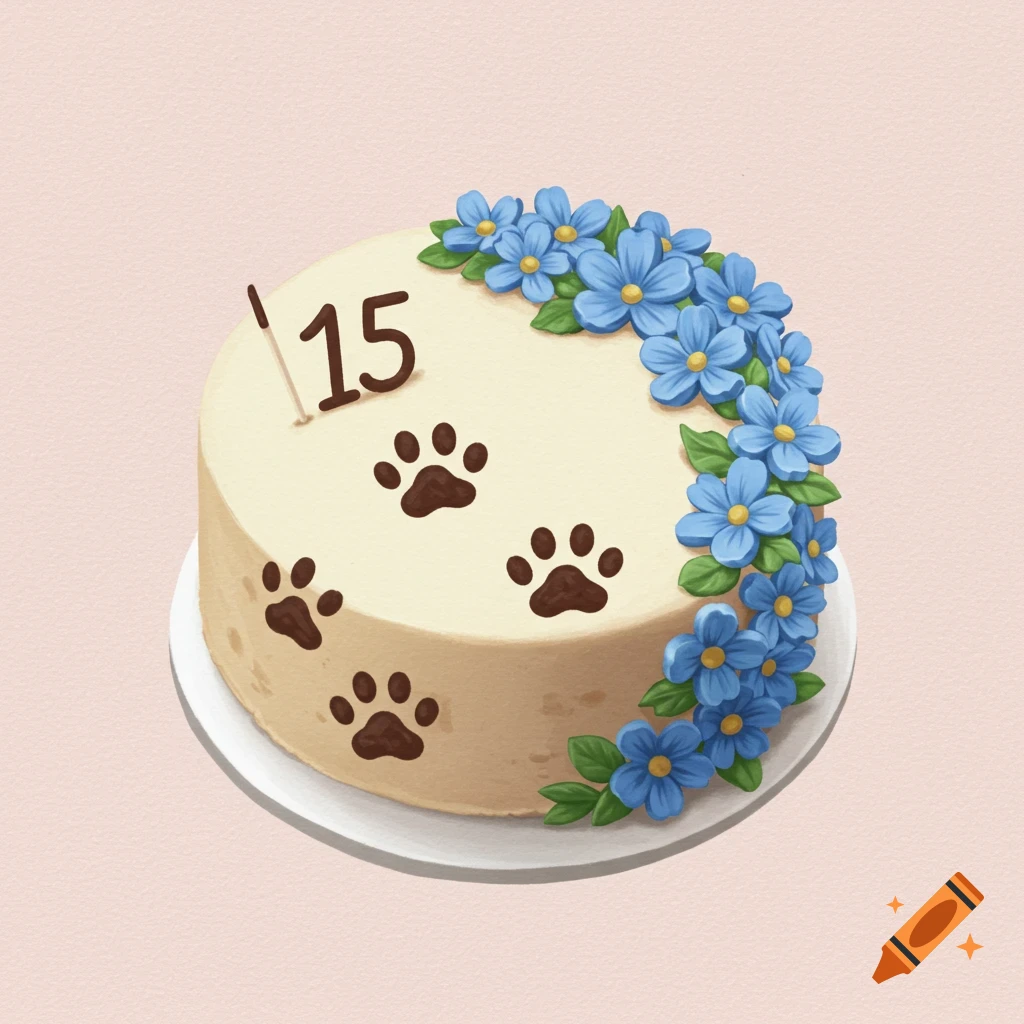 Circle cake with blue flowers, number 15, and paw prints decoration mock-up design idea for party cake decorations DIY bake off ideas inspiration trends birthday cake decoration ideas bakeries baking food cakes fondant frosting buttercream icing fillings toppings cakes occasion seasonal flavors techniques recipes decorating tips presentation serving storage cake decorating for beginners intermediate advanced cake art edible art cake design