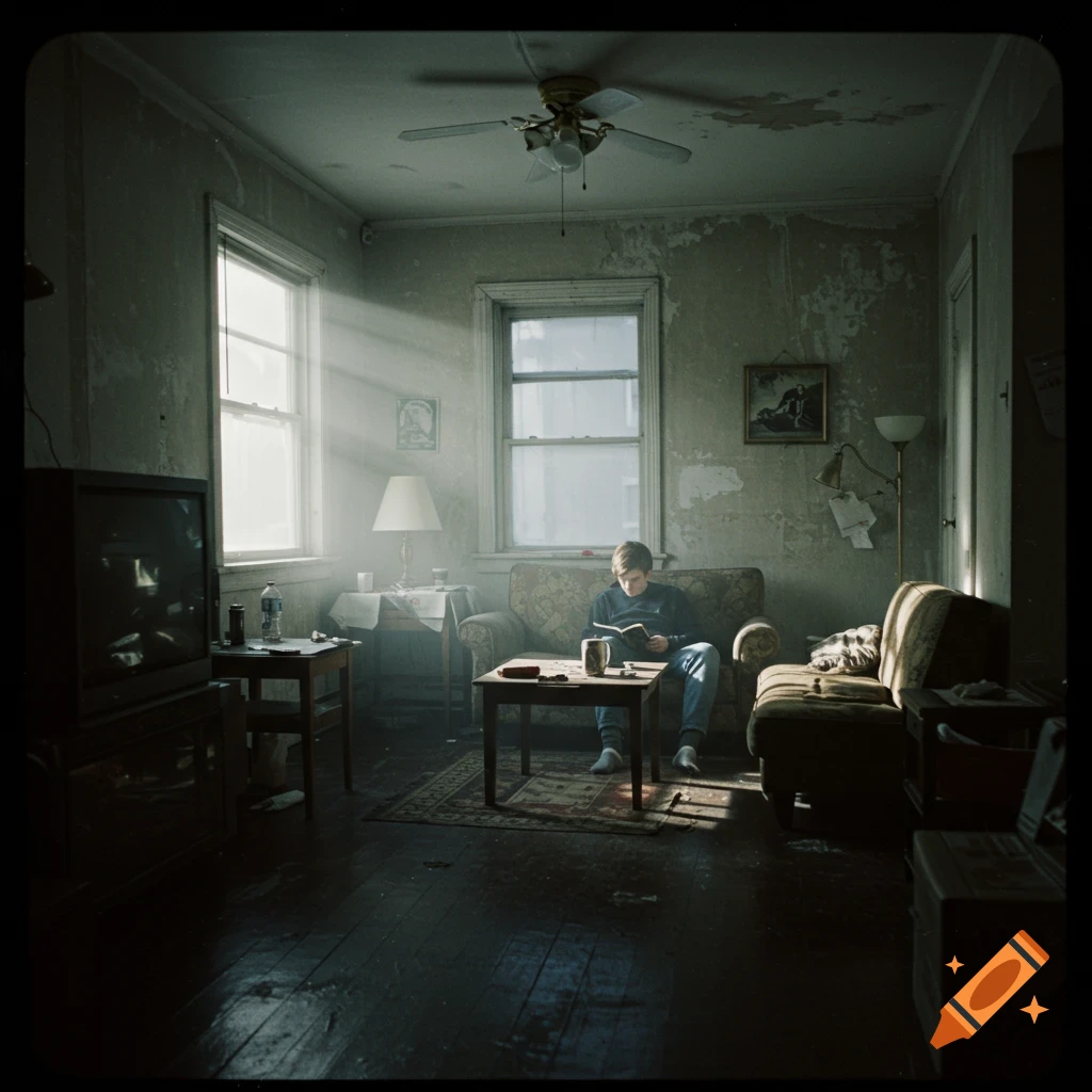A person reads a book in a sunlit, worn-down apartment living room. Photorealistic.