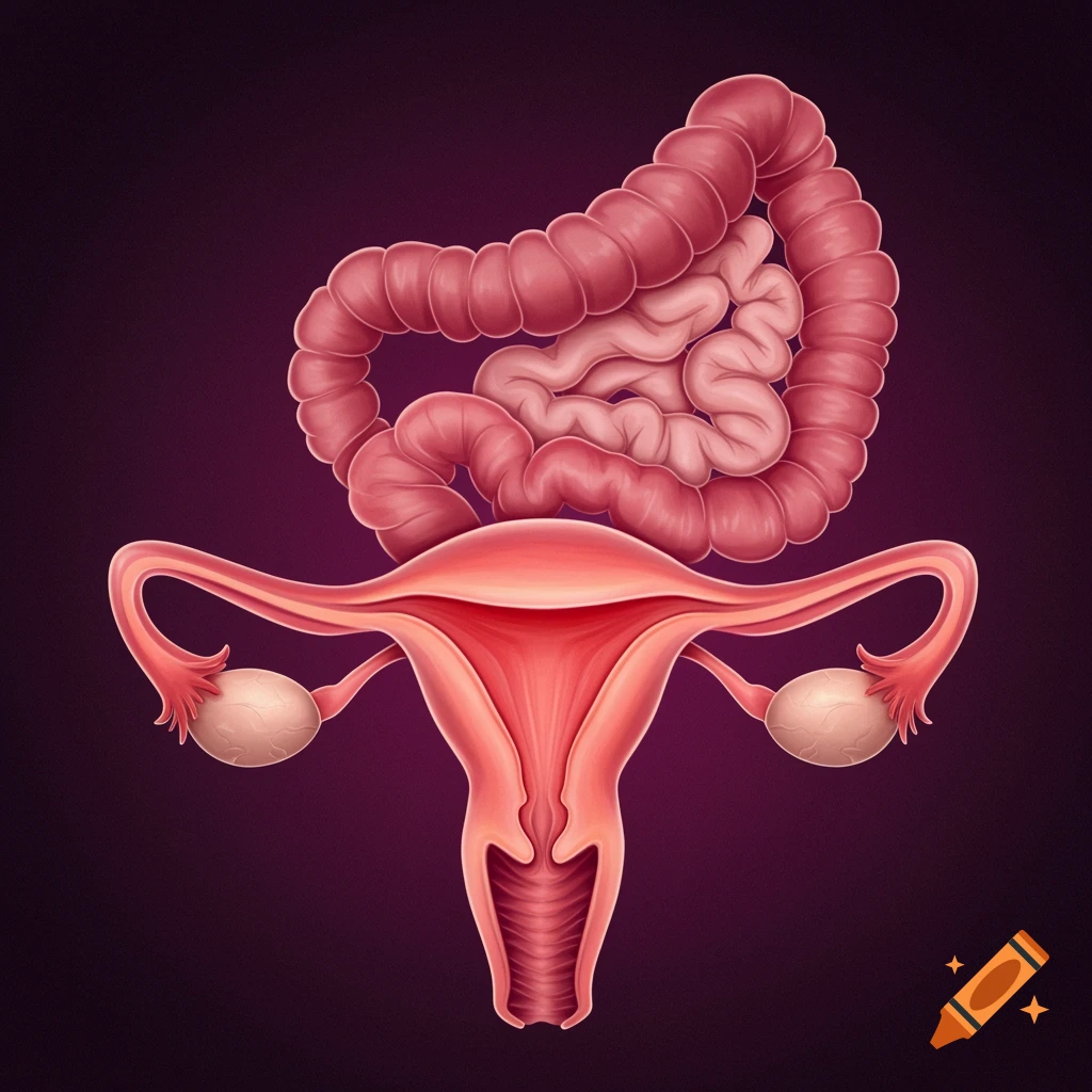 Illustration of the female reproductive system and intestines.