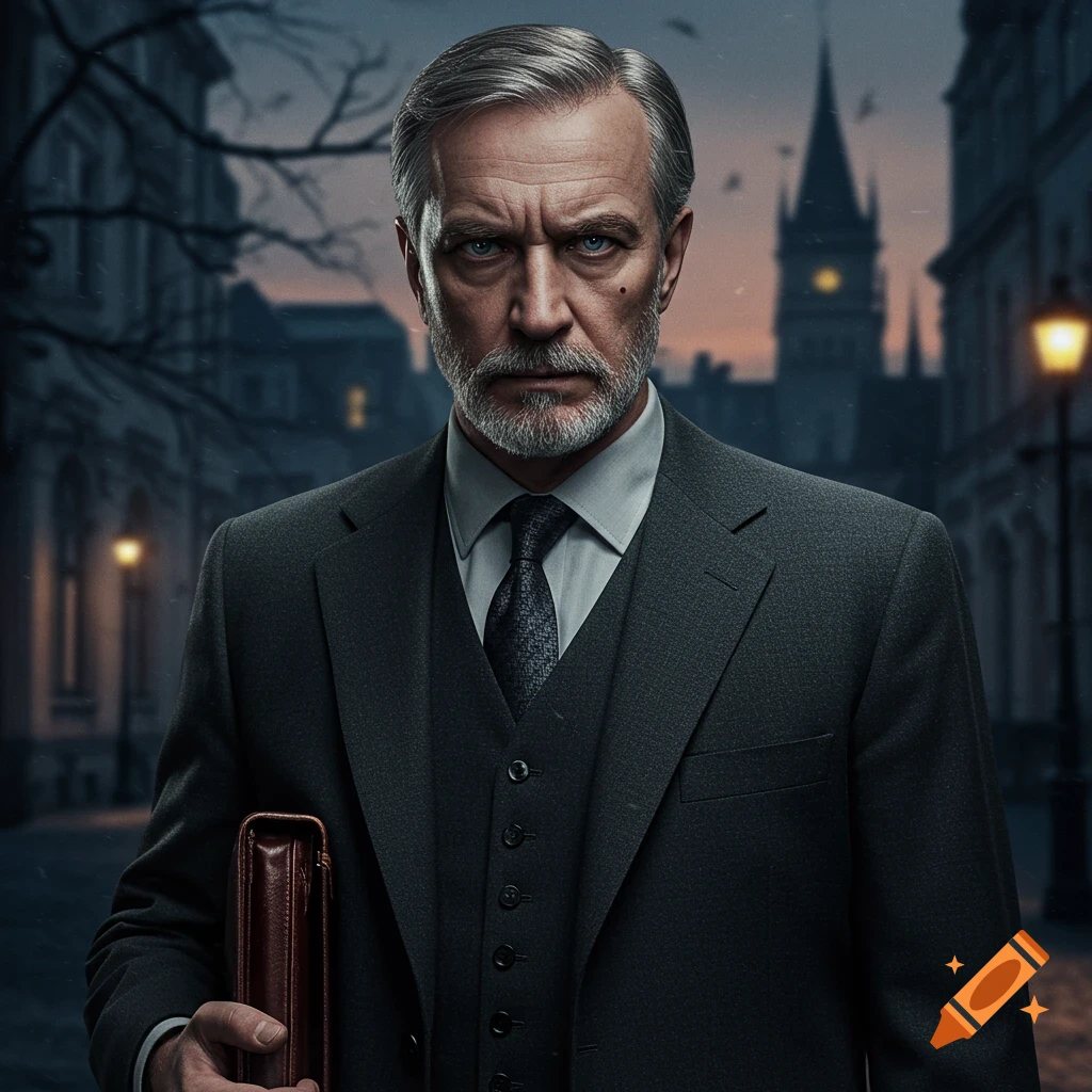 Photorealistic portrait of a man in a suit holding a briefcase on a city street