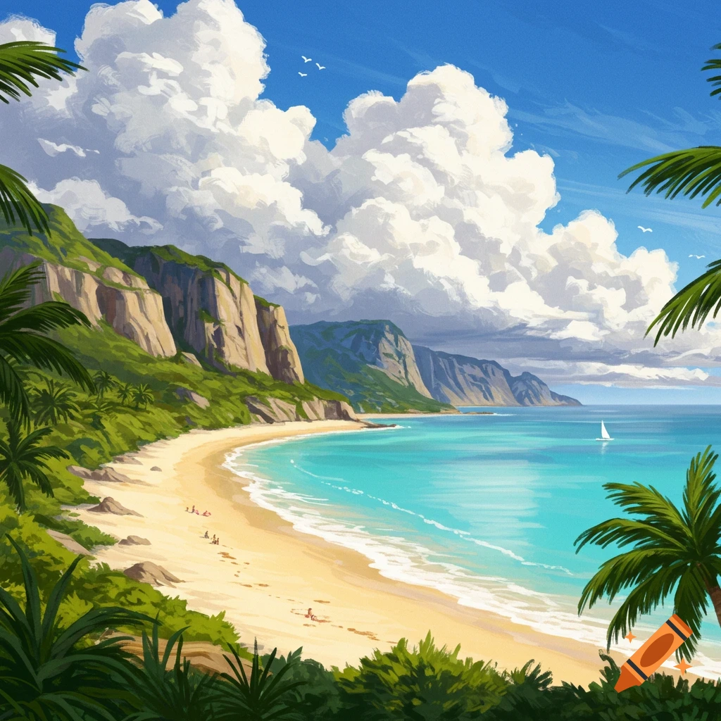 Painterly image of a tropical beach with sandy shore, green cliffs, turquoise water, puffy clouds, and palm trees.