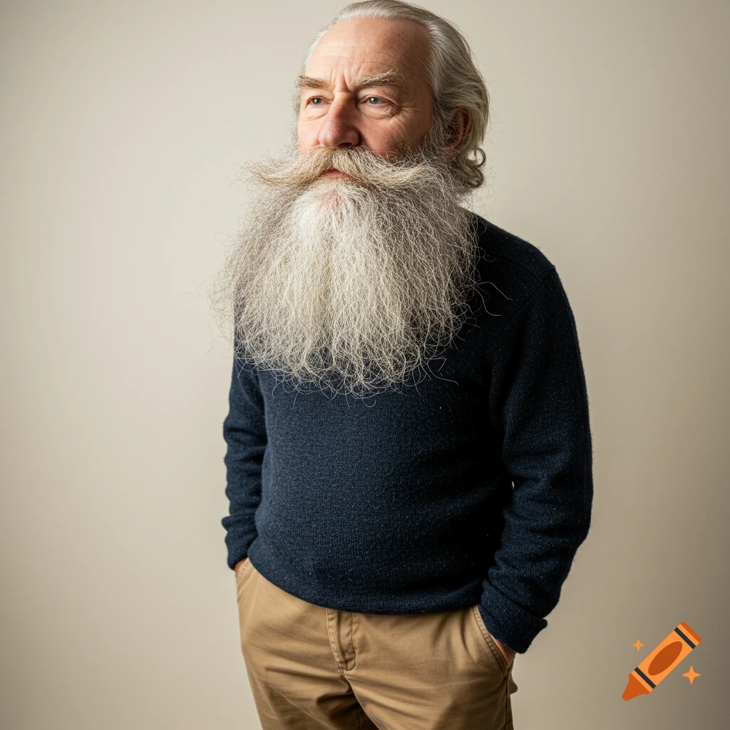 Portrait of an old man with a long white beard and mustache, hands in pockets, looking away.