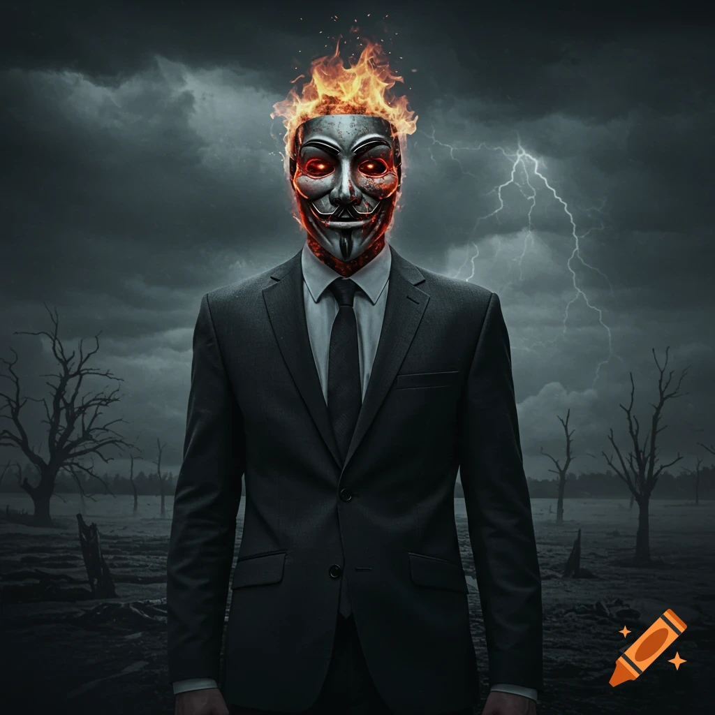 A figure in a suit and Guy Fawkes mask with a flaming head stands in a dark, stormy landscape with lightning.
