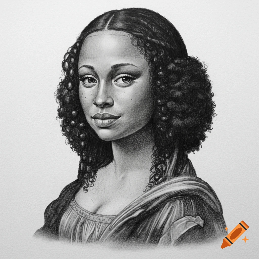 Pencil drawing of a Black woman in a pose and dress style similar to the Mona Lisa.