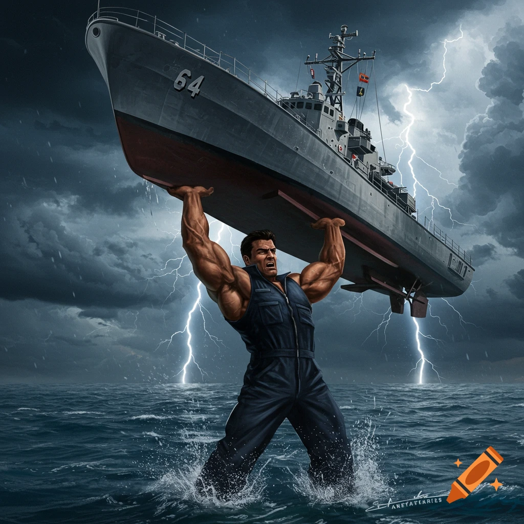 A muscular man lifts a large grey naval ship out of stormy water as lightning strikes.
