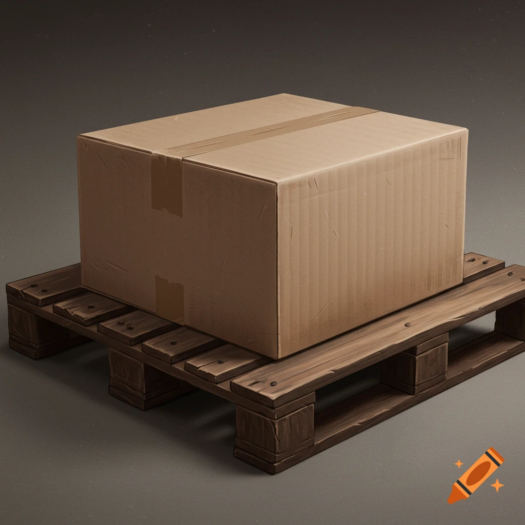 A cardboard box sits centered on a wooden pallet.