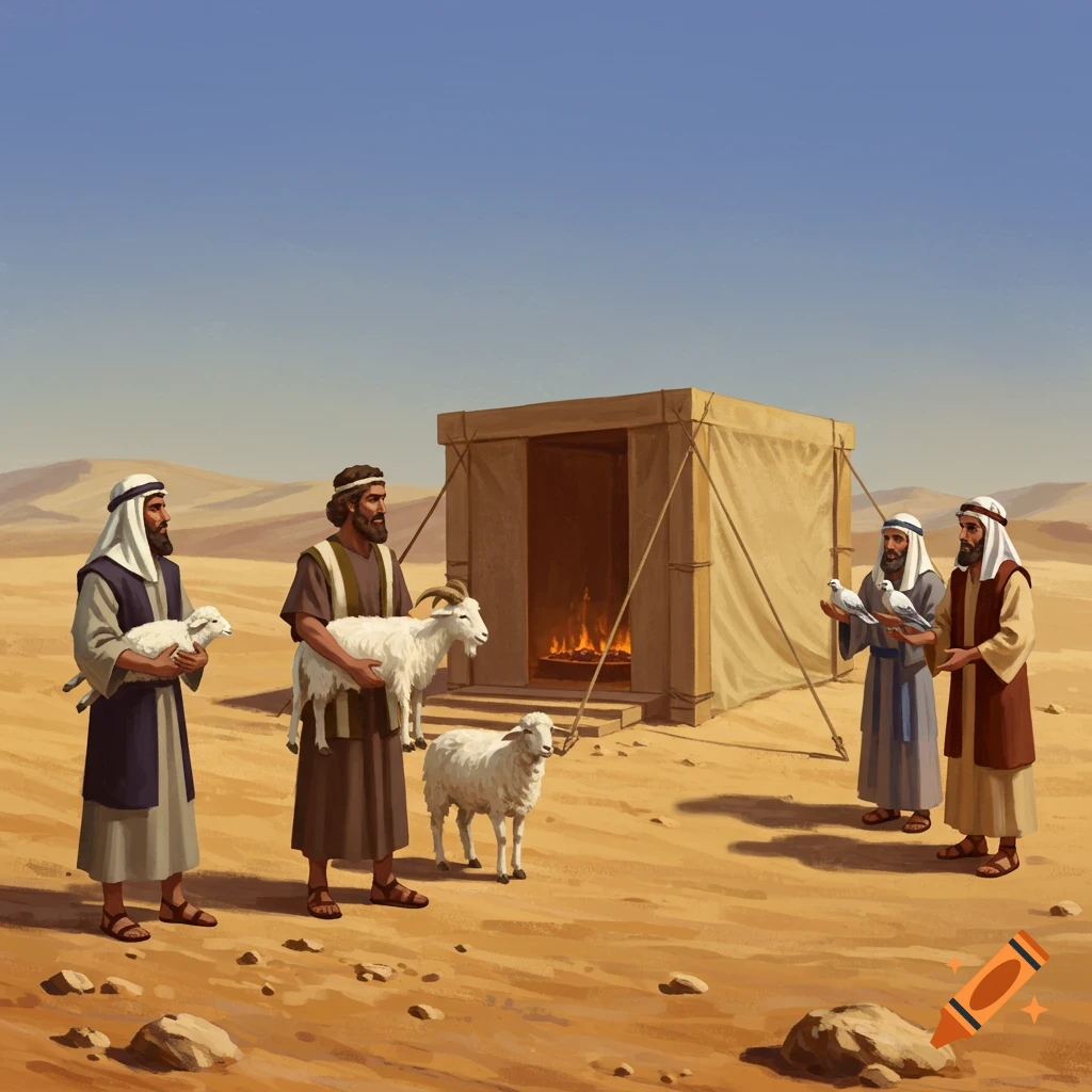 People in robes offer sheep, goat, and doves before a tent altar in the desert.