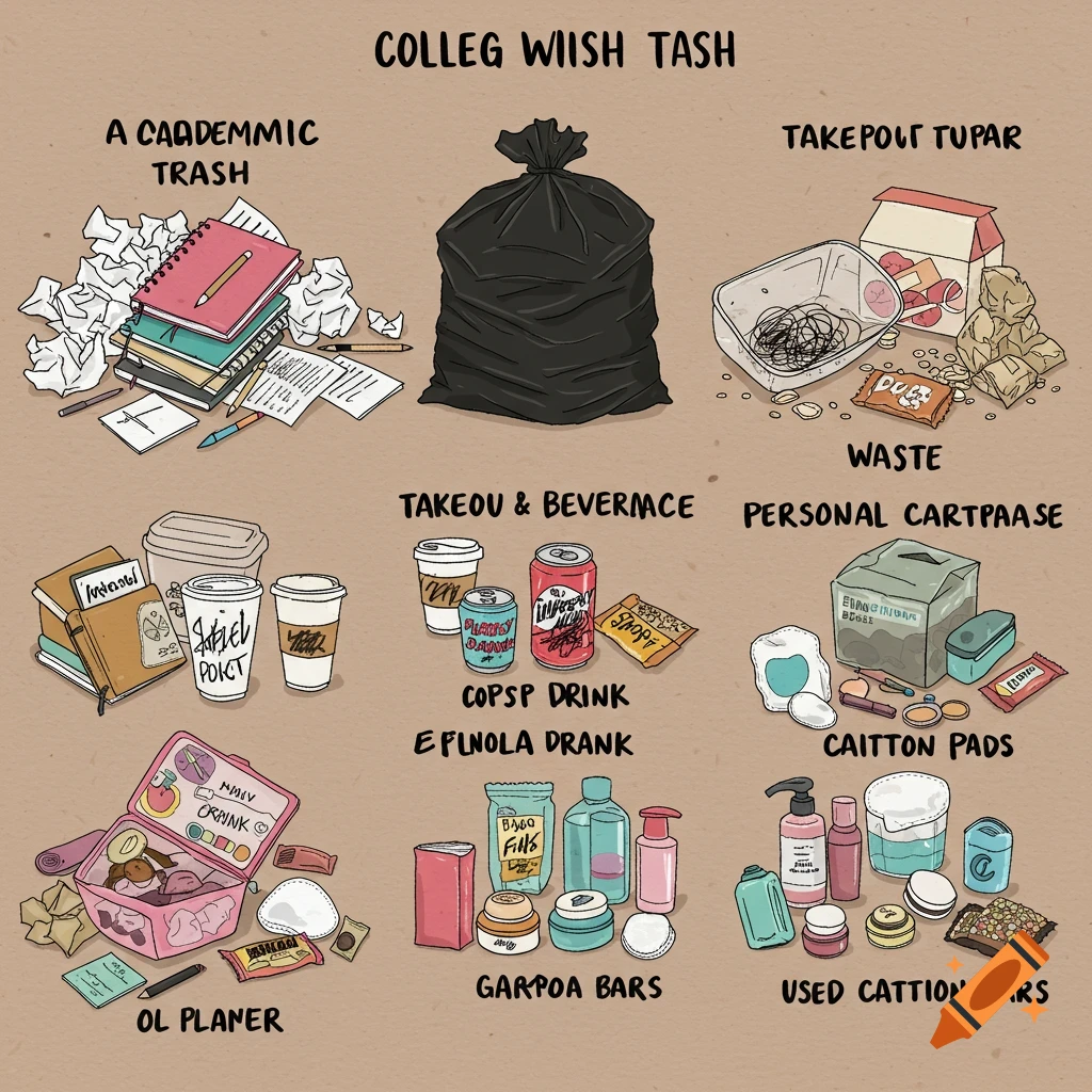 Digital illustration of a college woman's trash sorted into labeled piles