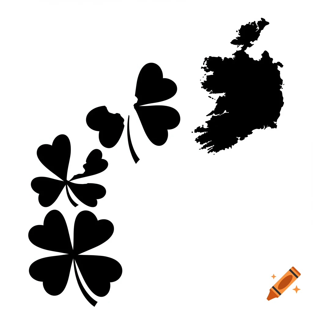Black silhouettes show shamrocks transforming into the shape of Ireland on white background.