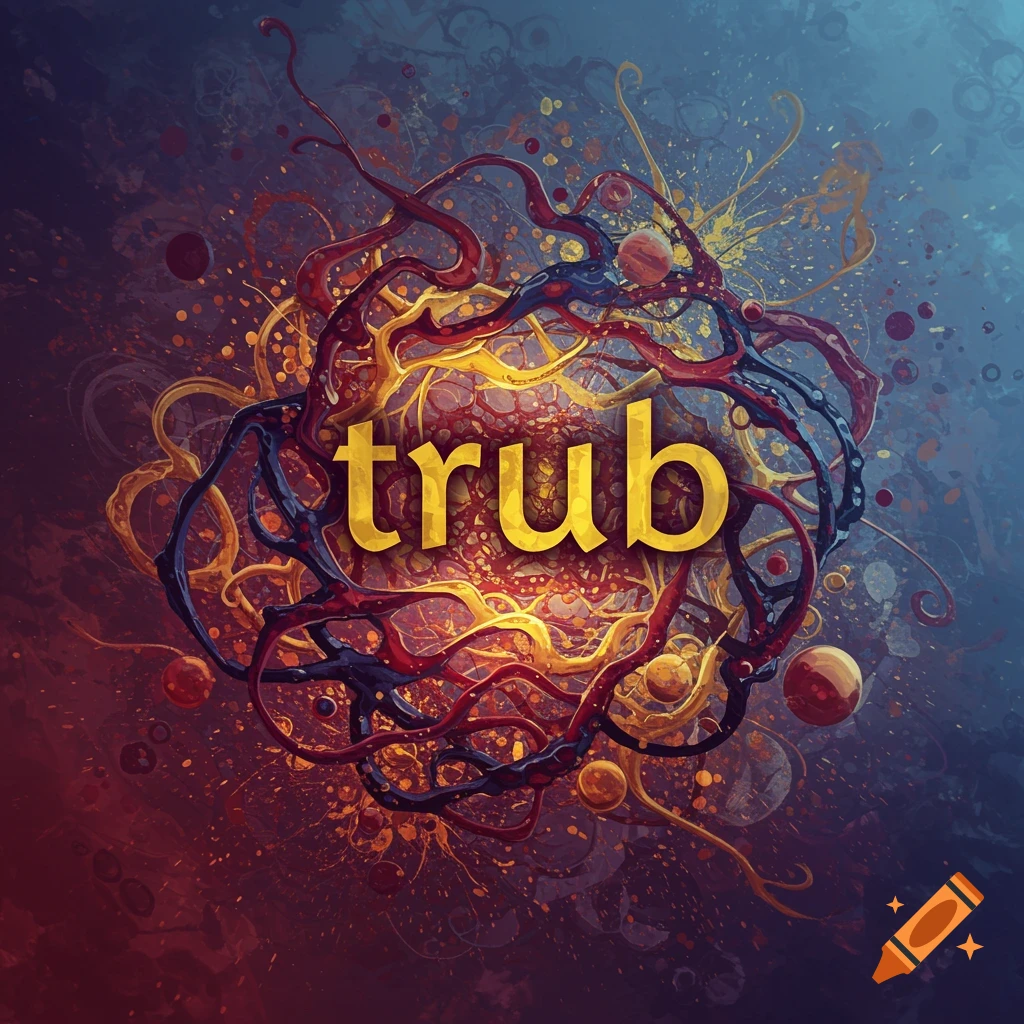 The word 'trub' over a colorful, abstract background of swirling organic shapes and splatters.
