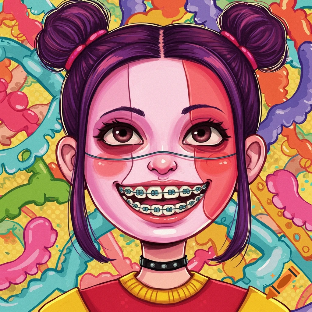 Stylized illustration of a girl with purple hair in buns, braces, and colourful face paint against an abstract background.