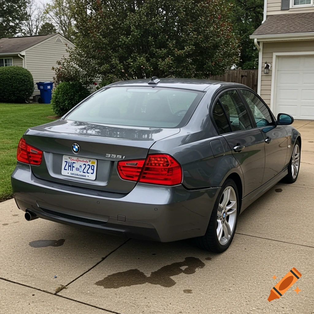 Grey BMW with rear-end damage in driveway