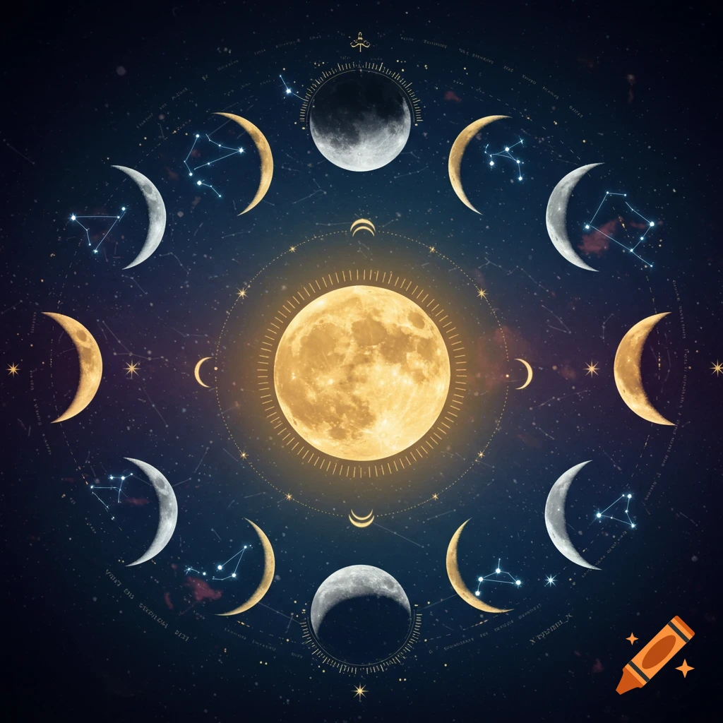 Illustration of the phases of the moon arranged in a circle with constellations and stars in an astrology style.