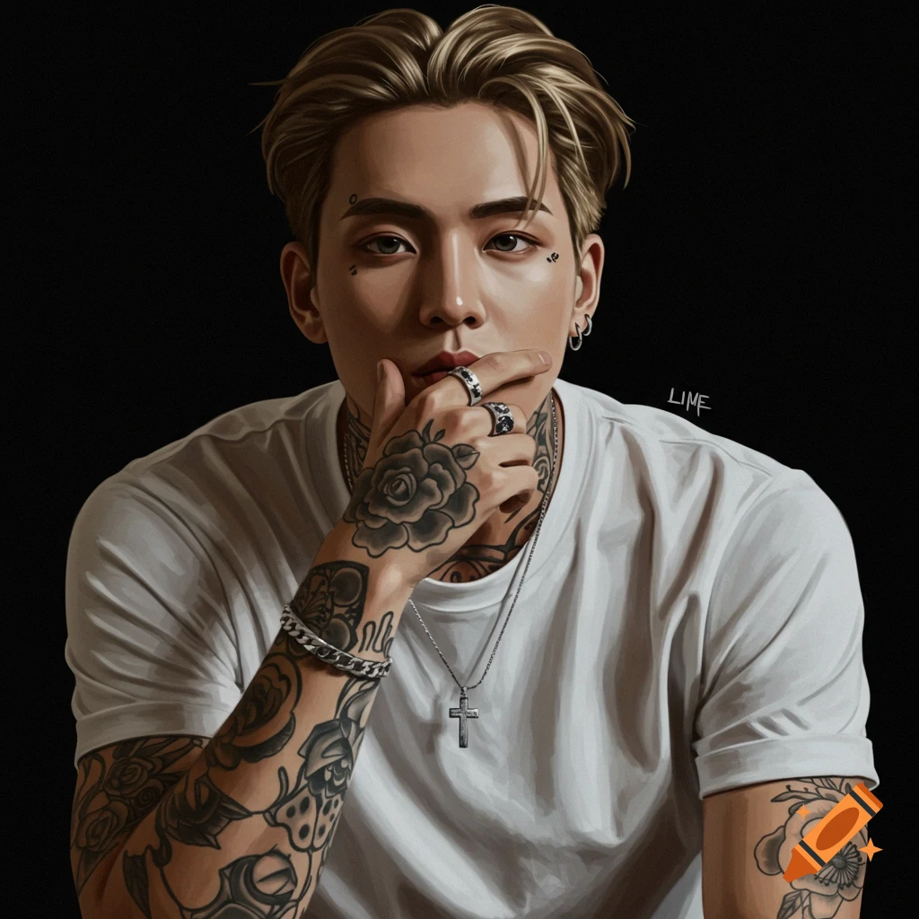 Stylized portrait of a person with tattoos on arms, neck, and face, wearing a white t-shirt