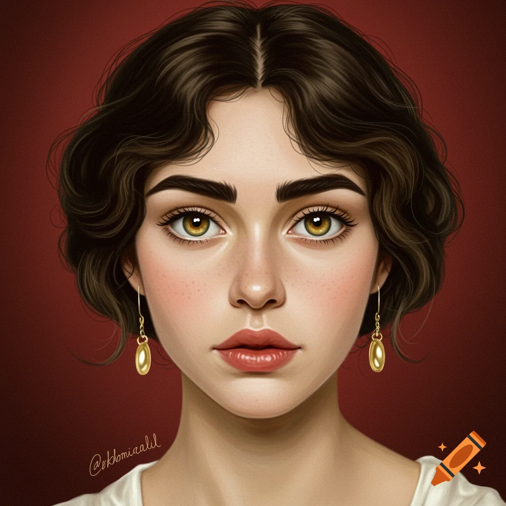 Close-up digital art portrait of a young woman with dark curly hair and gold earrings.