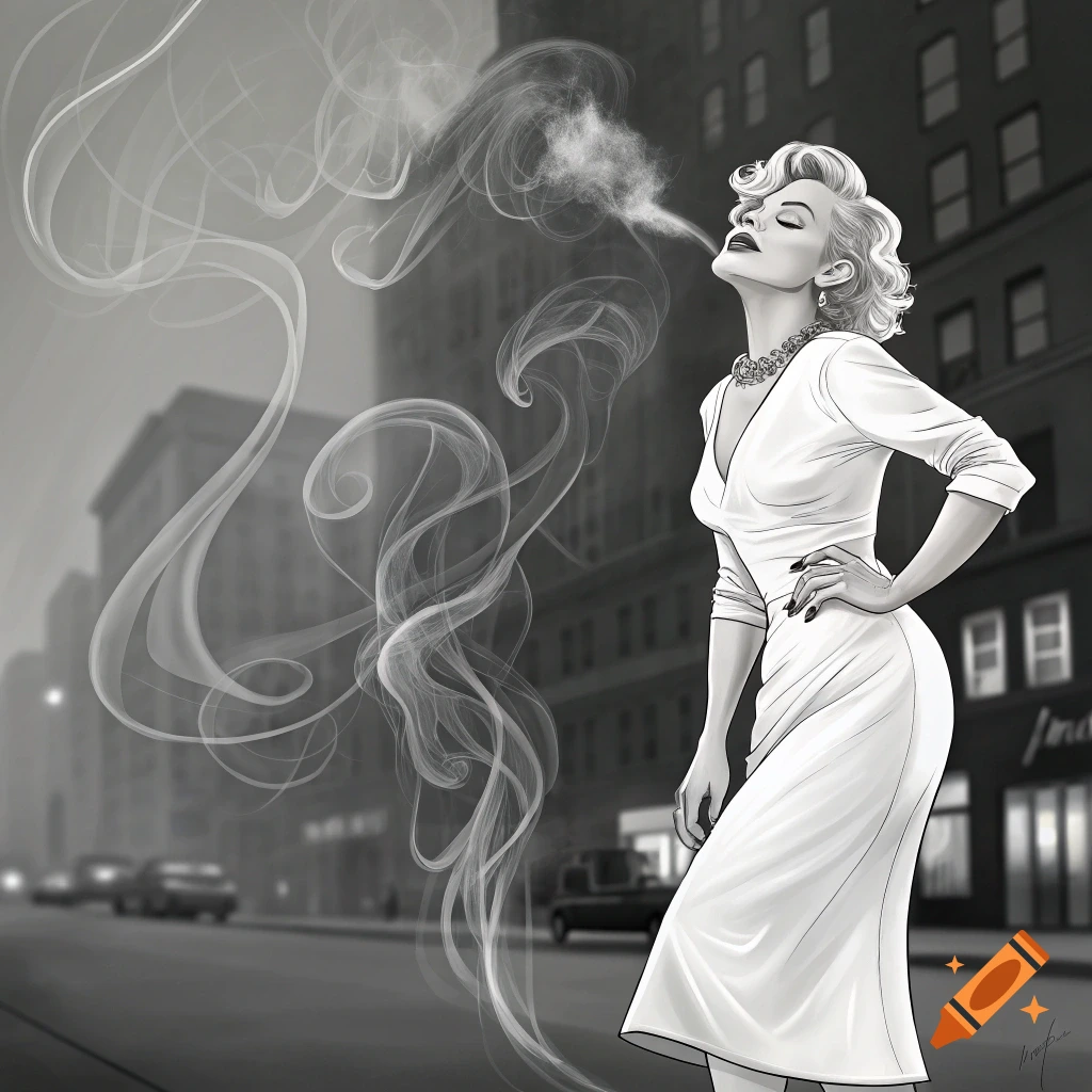 Black and white illustration of a woman resembling Marilyn Monroe smoking with smoke swirling around her on a city street.