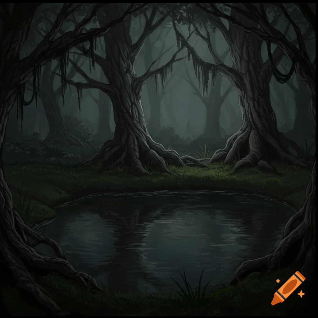 A dark, stylized illustration of an enchanted forest pond surrounded by trees with draped moss.