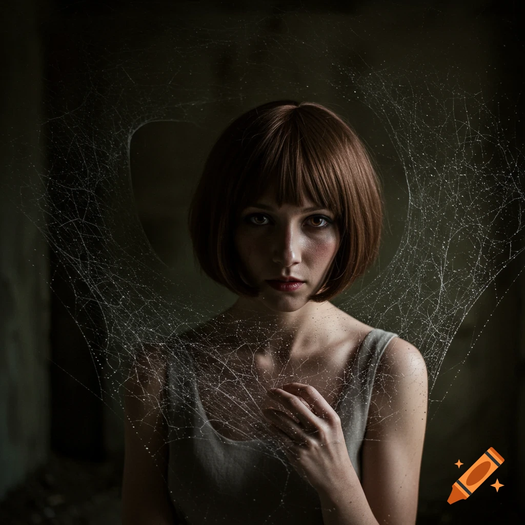 A woman with a bob haircut looks at the camera, surrounded by a large spider web in a dark setting.