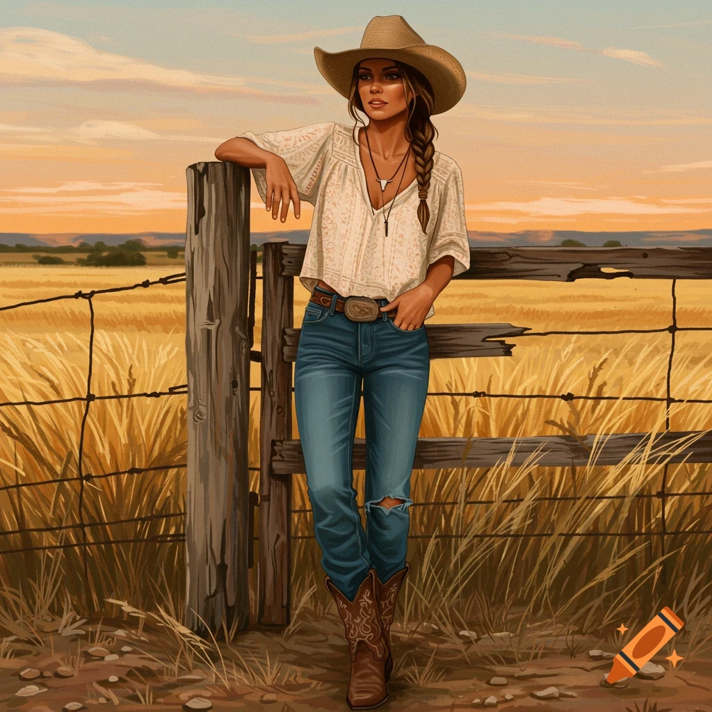 Woman in a cowboy hat and boots leaning on a fence in a field at sunset