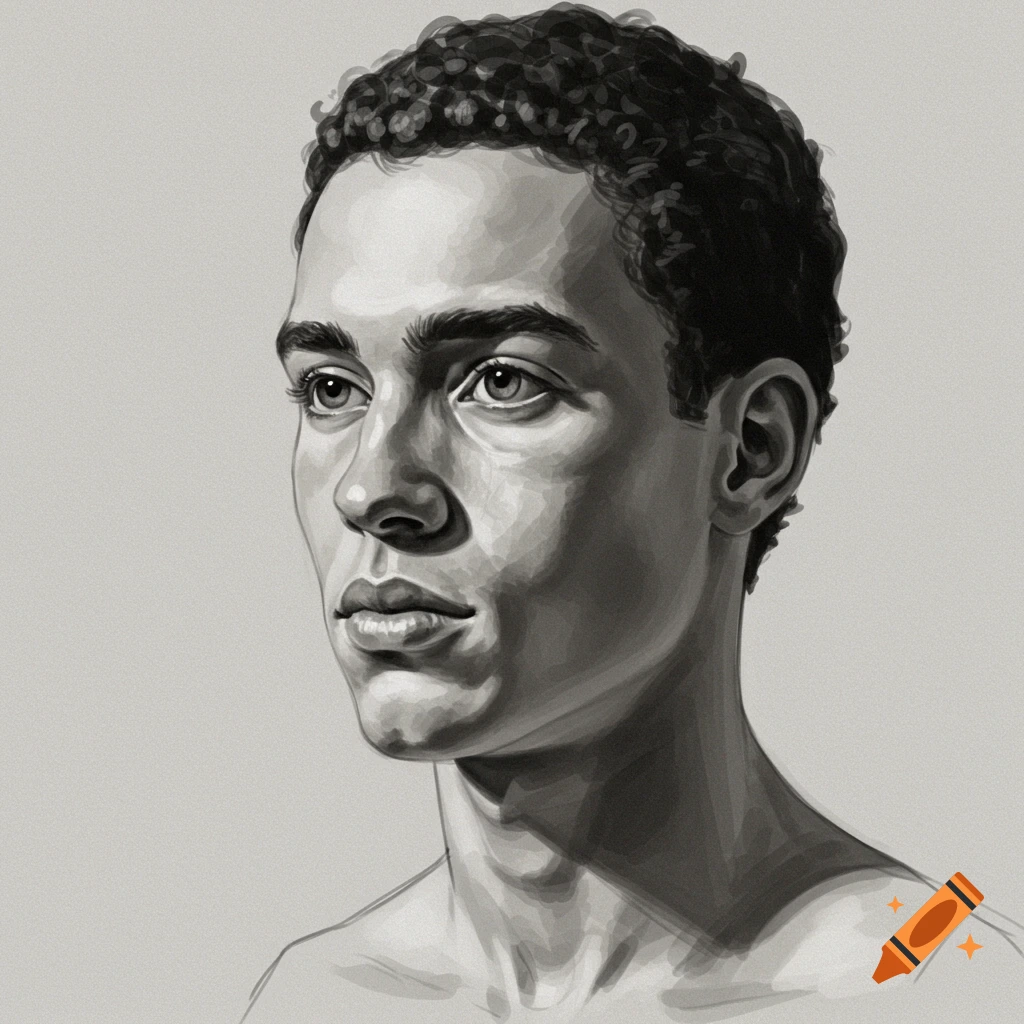Black and white drawing of a man's head and shoulders in profile.