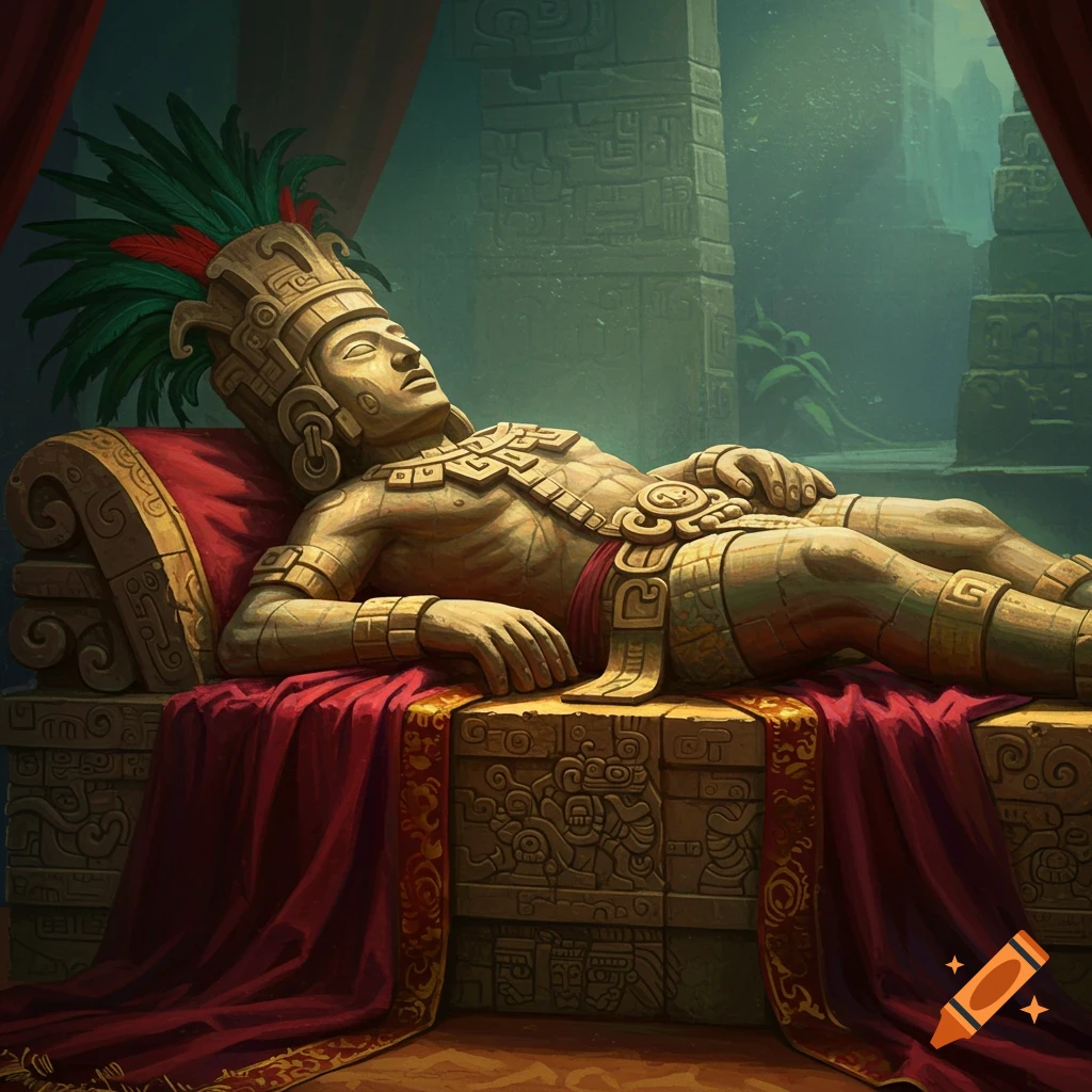 Mayan Chac Mool statue on a bed