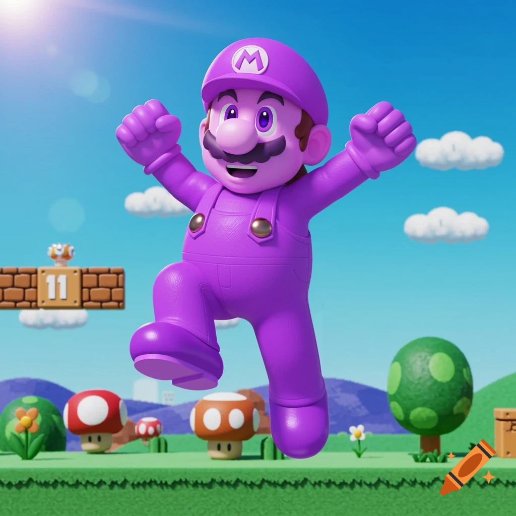 Purple Mario character jumping in a Super Mario landscape with blocks, mushrooms, and clouds.