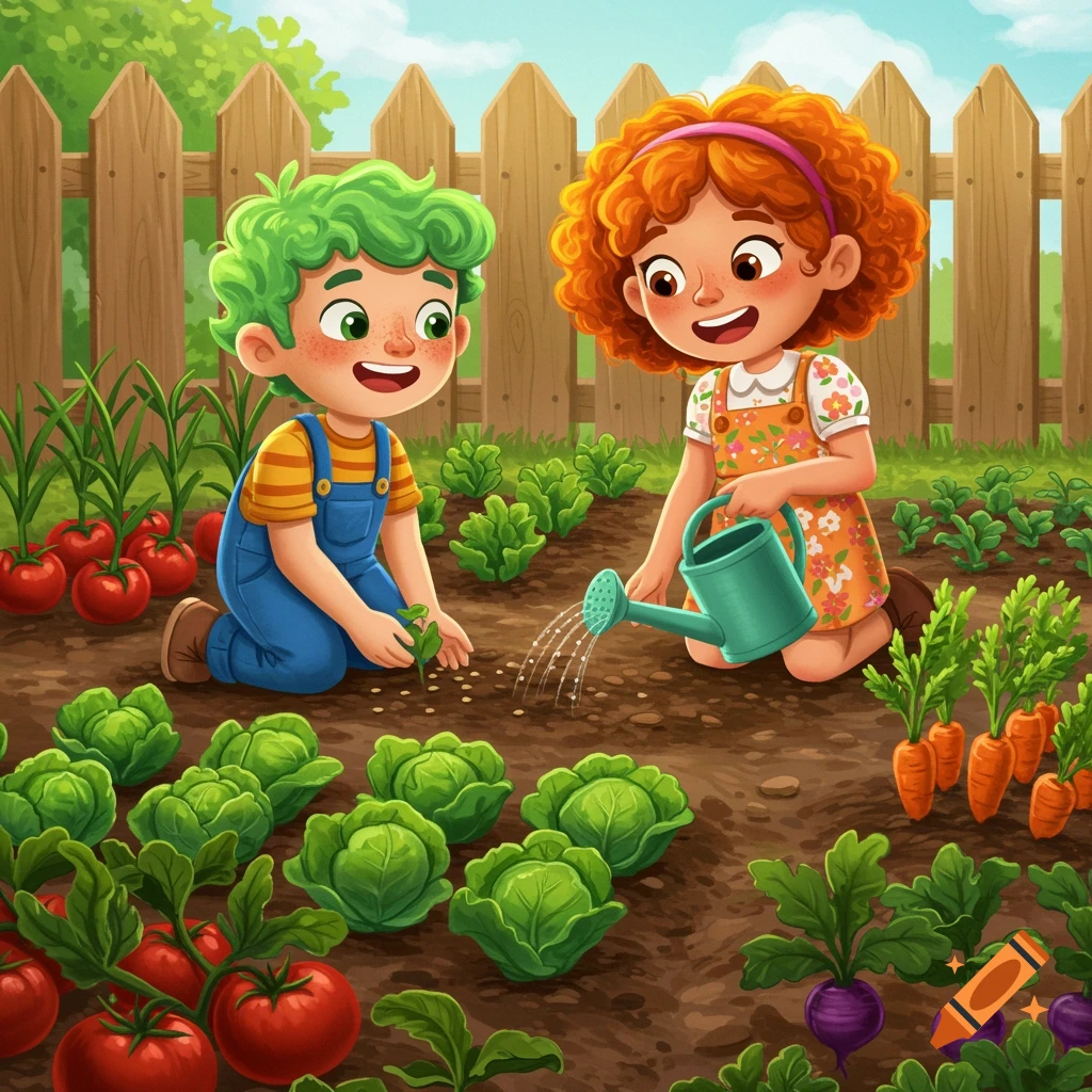 Illustration of a boy and a girl gardening among plants and vegetables.