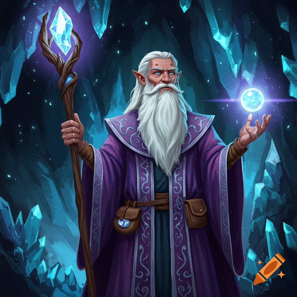 Illustration of an old wizard holding a staff and a glowing orb in a crystal cave.
