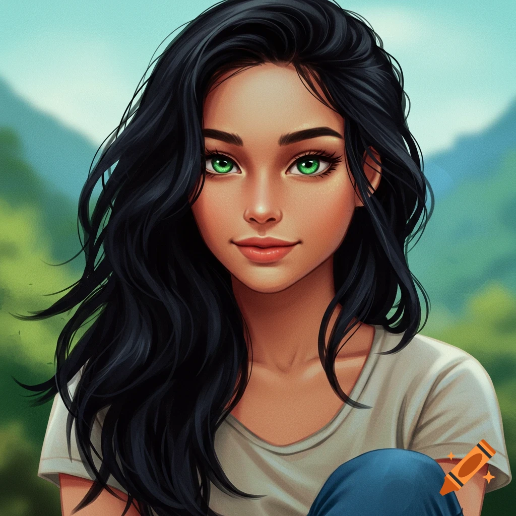 Stylized portrait of a woman with long black hair and striking green eyes against a landscape background.