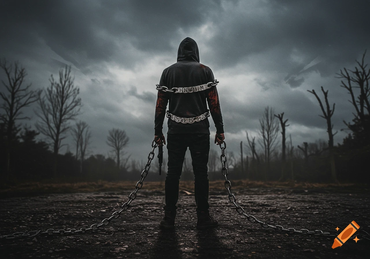 A hooded figure wrapped in chains stands in a desolate, barren landscape under a dark, stormy sky.