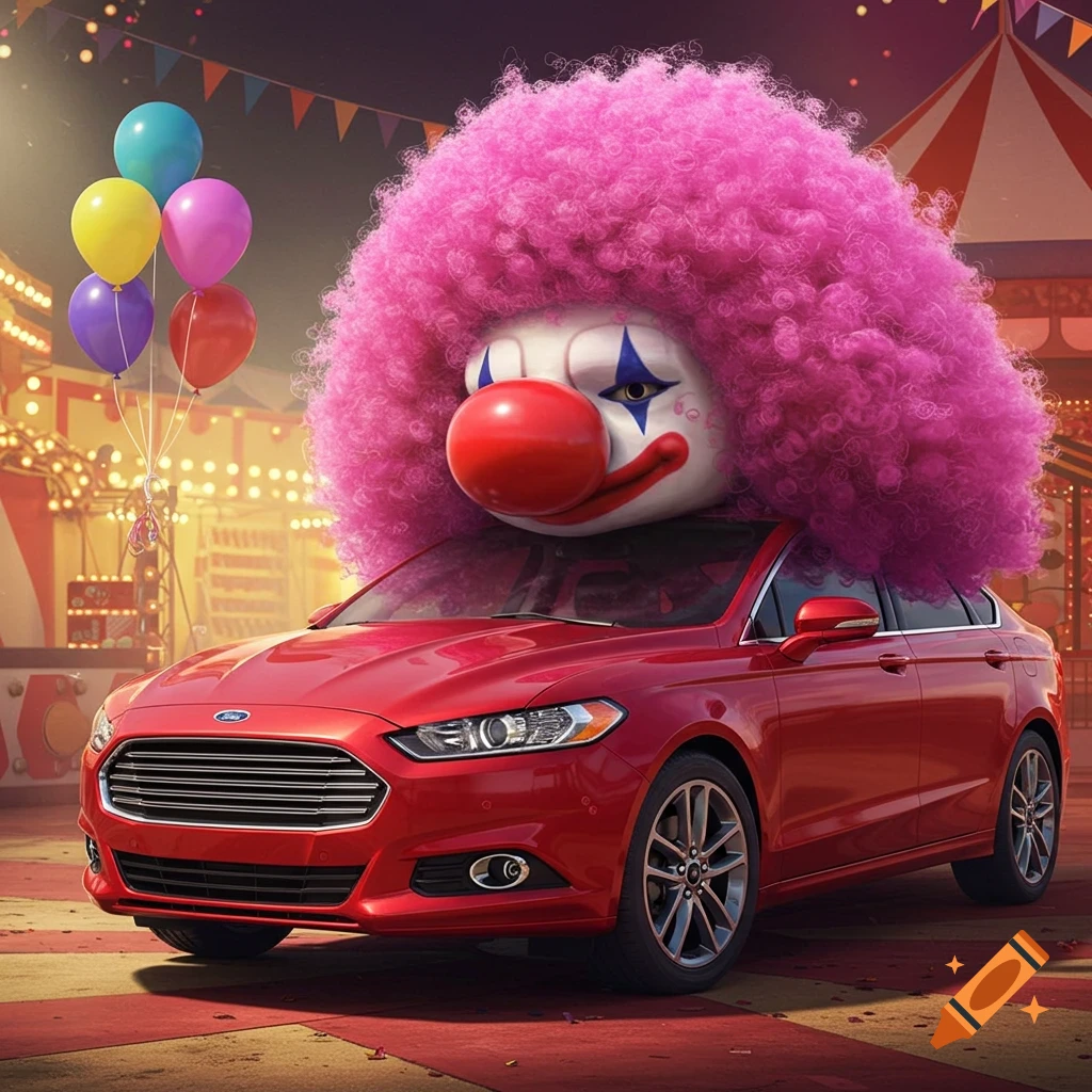 2013 Ford Fusion with clown wig and nose