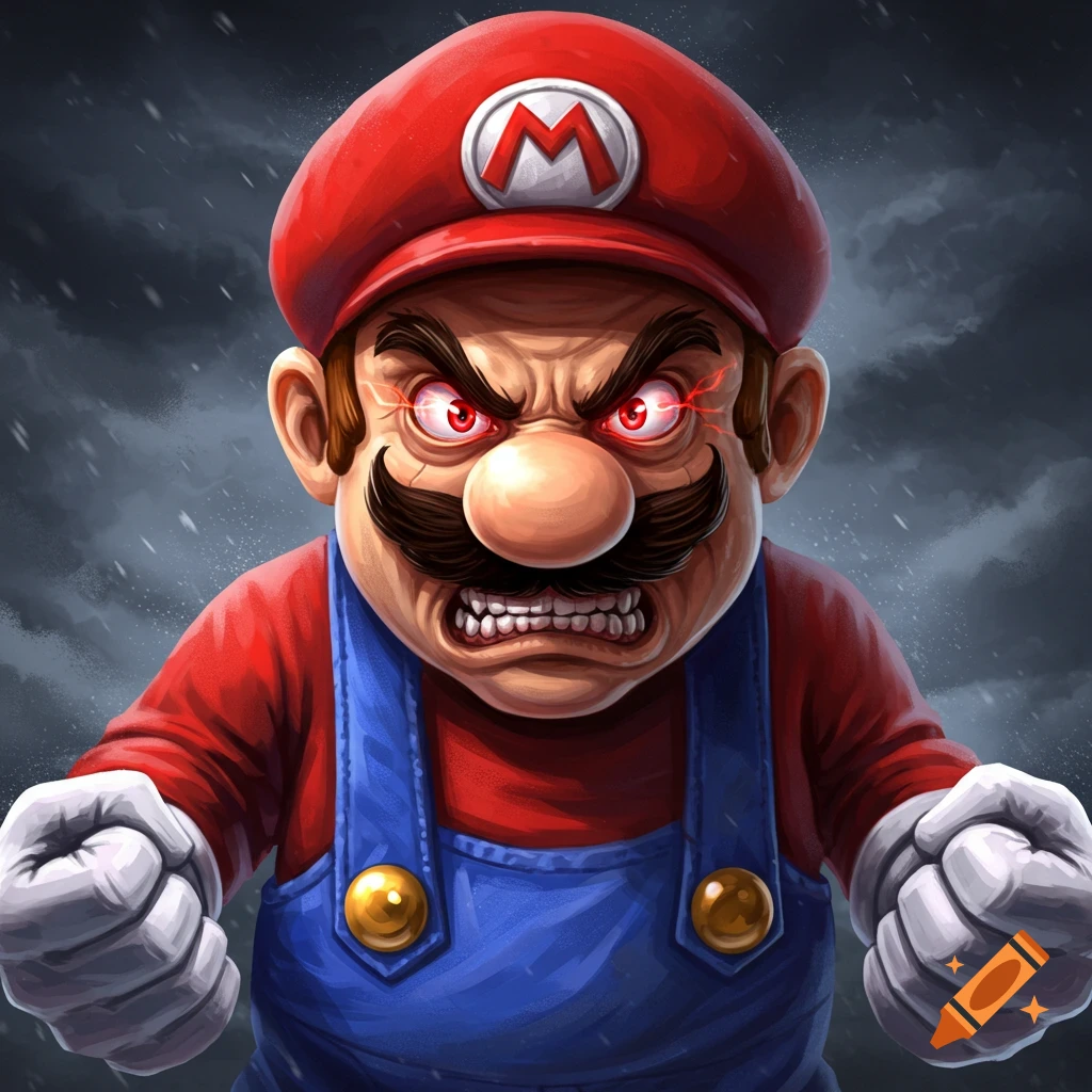 Stylized illustration of an angry Mario with glowing red eyes and gritted teeth.
