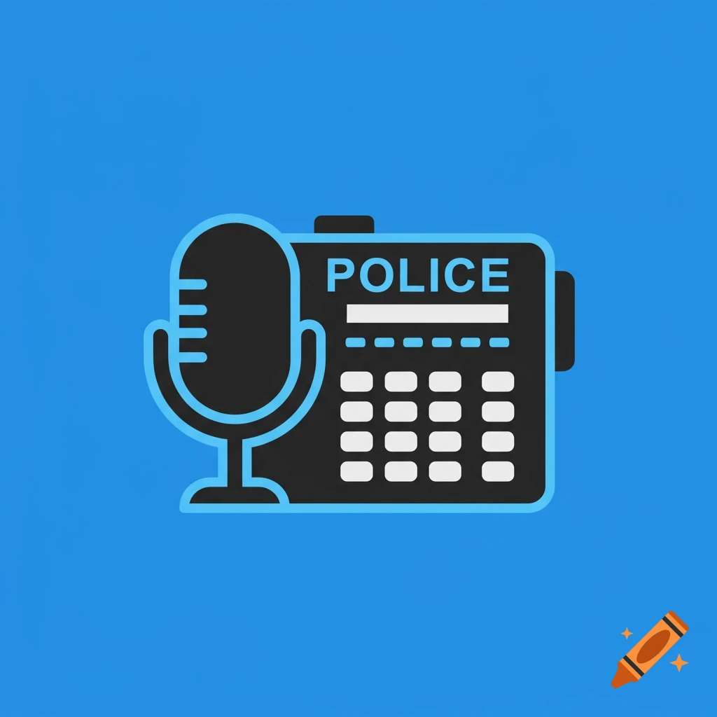 A flat icon illustration of a black and white police scanner and microphone on a blue background. The scanner has 'POLICE' written on it.
