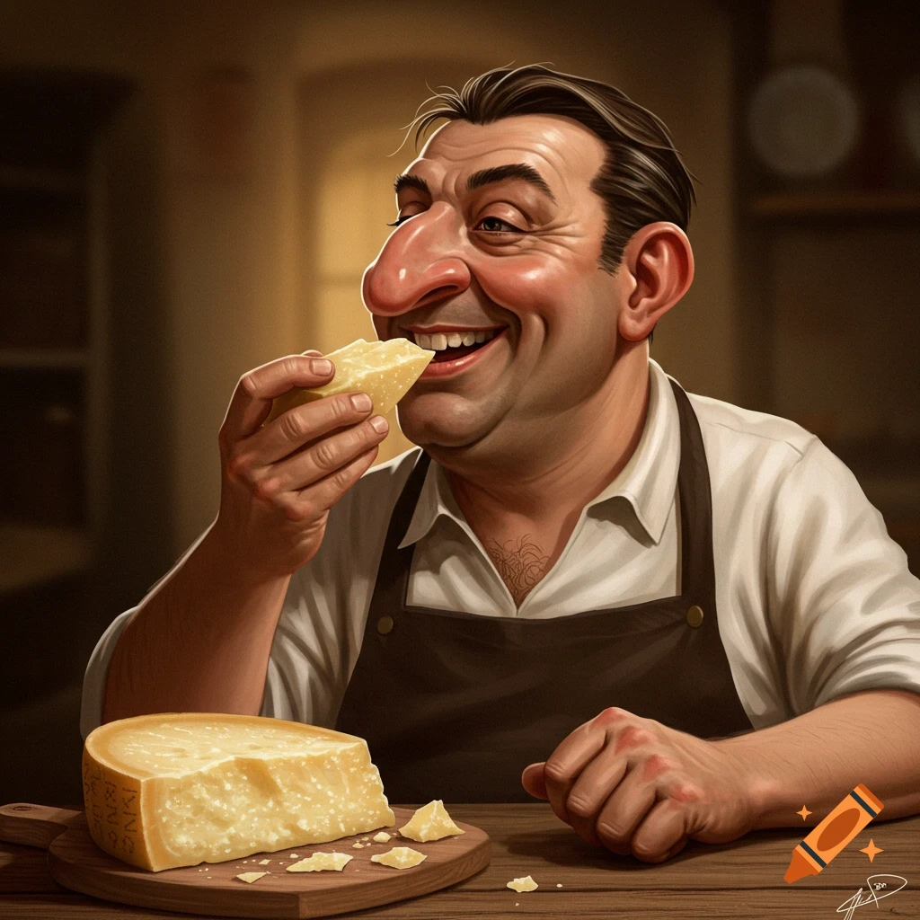 Caricature of a man with a big nose eating cheese, with a cheese wheel on a board.