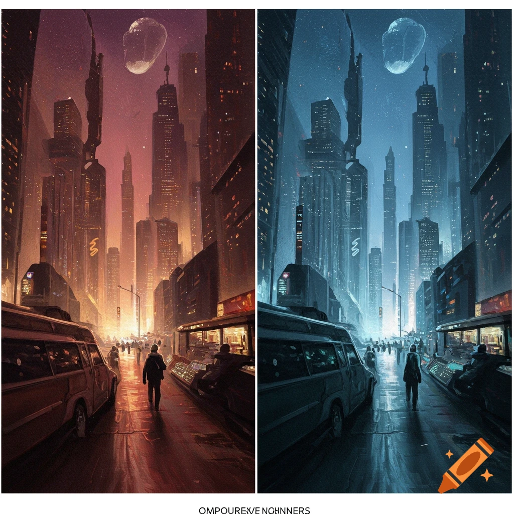 Split image of futuristic city street, warm glow left, cool glow right, tall buildings, people, vehicles