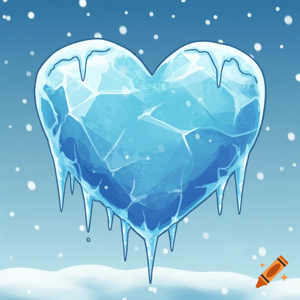 Cartoon image of an ice heart with icicles hanging from the bottom in a snowy winter scene.