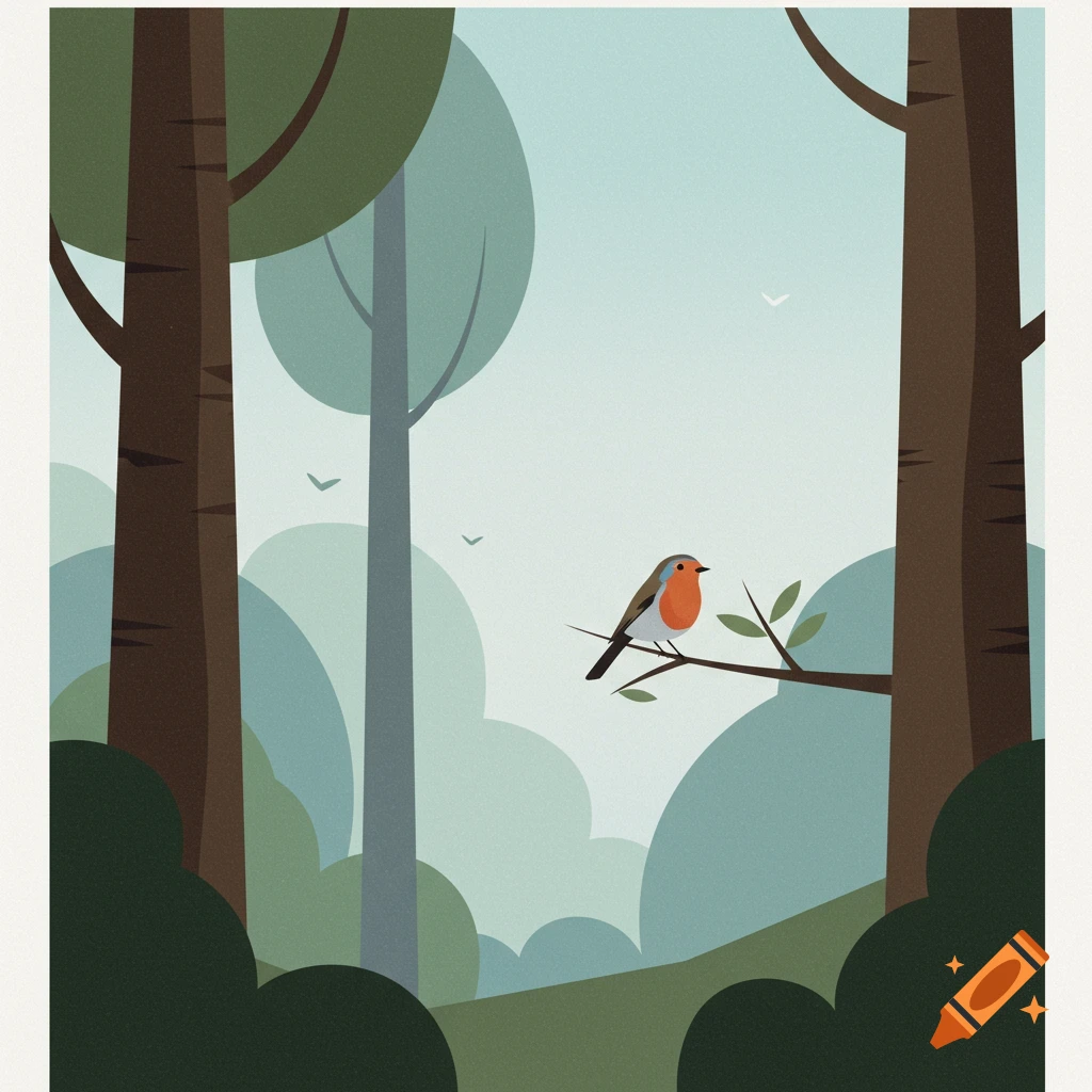 A robin bird sits on a branch in a stylized mid-century forest illustration.