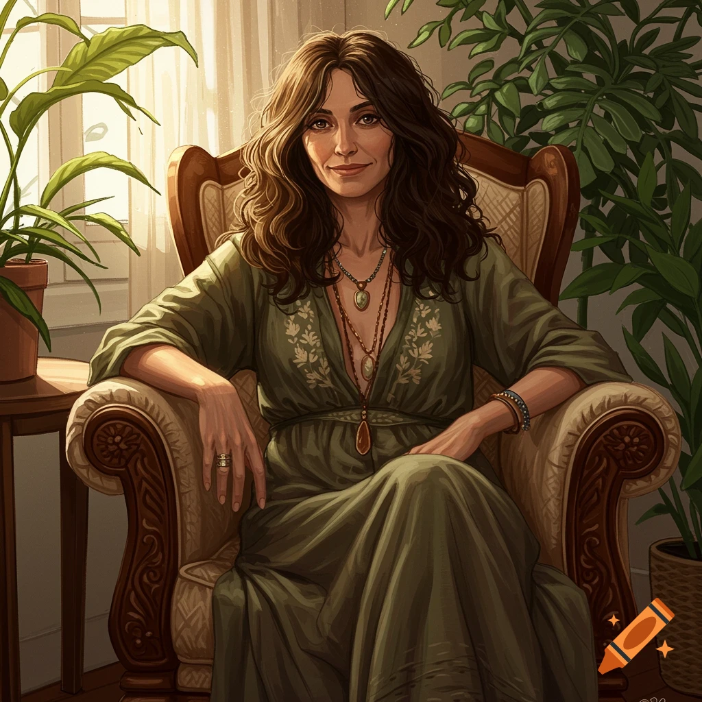 An illustration of a woman with dark hair wearing a green dress, sitting in an armchair next to potted plants.