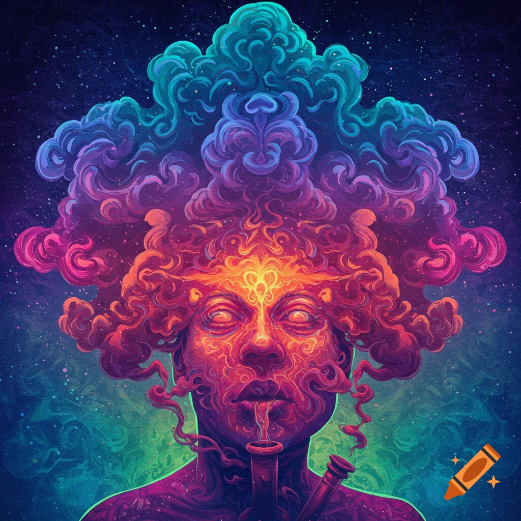 Psychedelic portrait of a person smoking, made of vibrant swirling smoke, with a starry cosmic background.