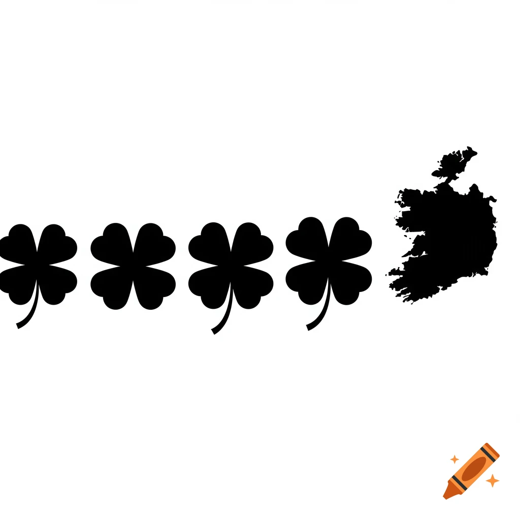 Black silhouettes of four four-leaf clovers followed by a map of Ireland on a white background.
