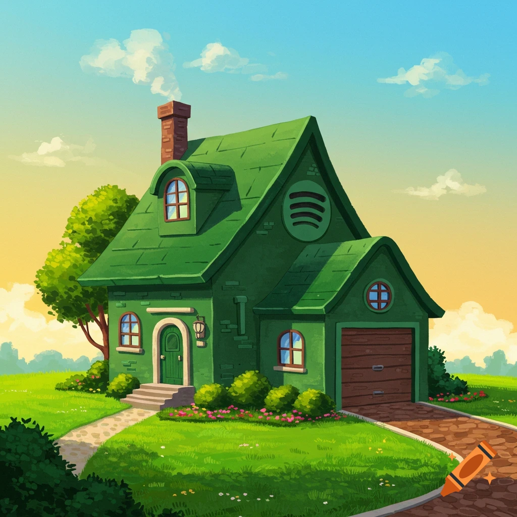 A cartoon illustration of a bright green house designed to resemble the Spotify logo, set in a grassy field with a blue and orange sky.